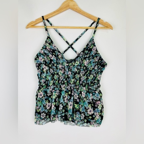 Anthropologie Mesh Floral Ruffle Peplum Crop Top - Picture 2 of 7